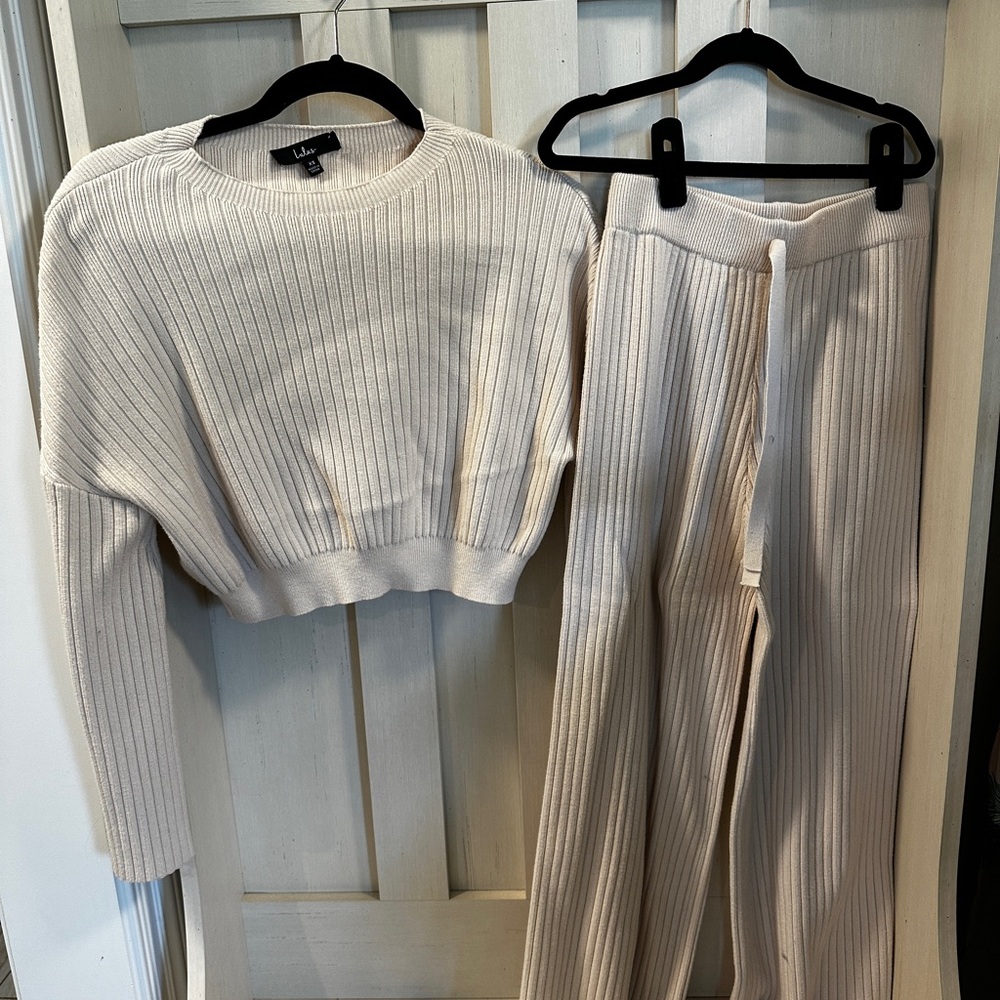 Cream Ribbed Knit Set by Lulus